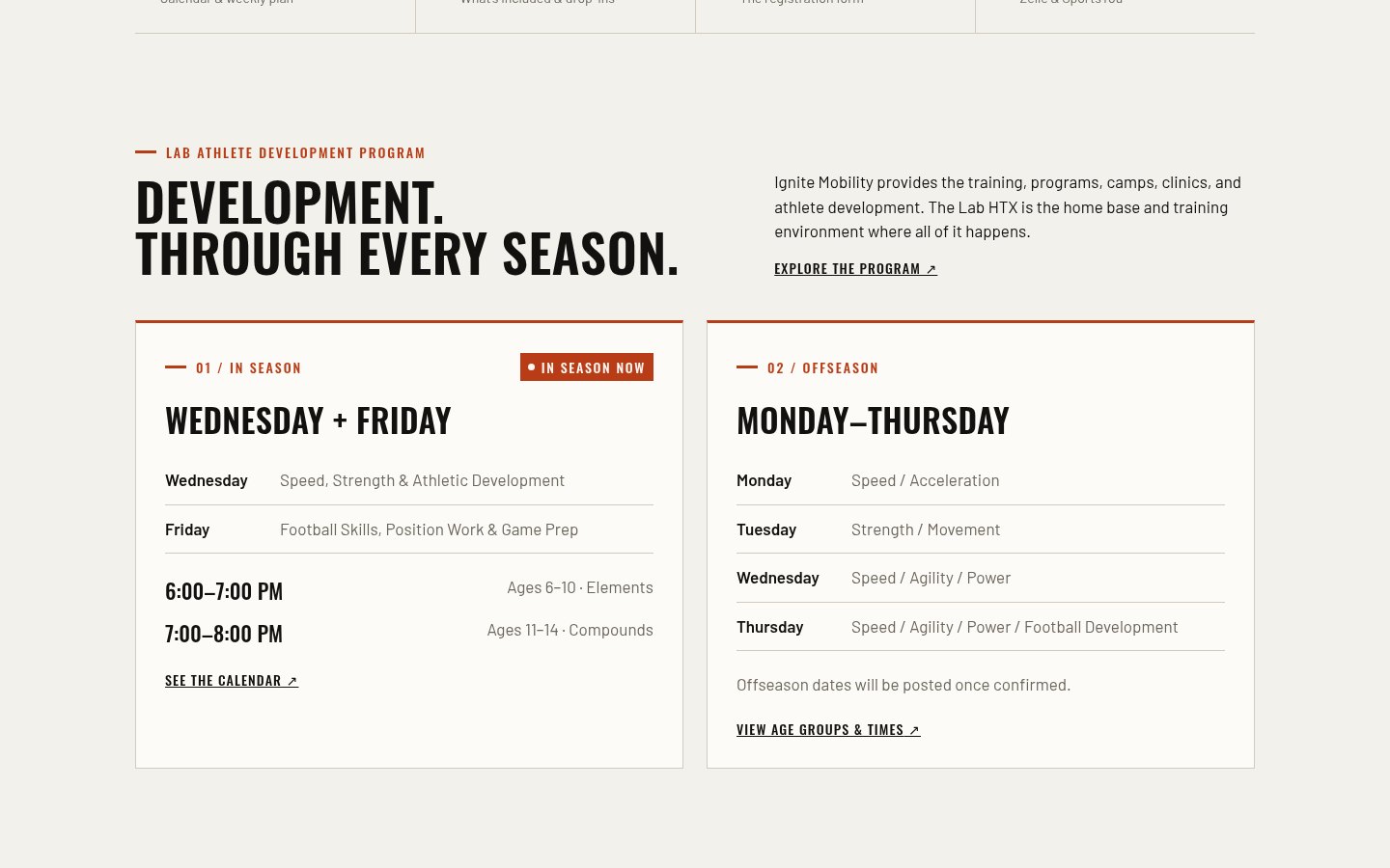 Ignite Mobility site: program schedule section