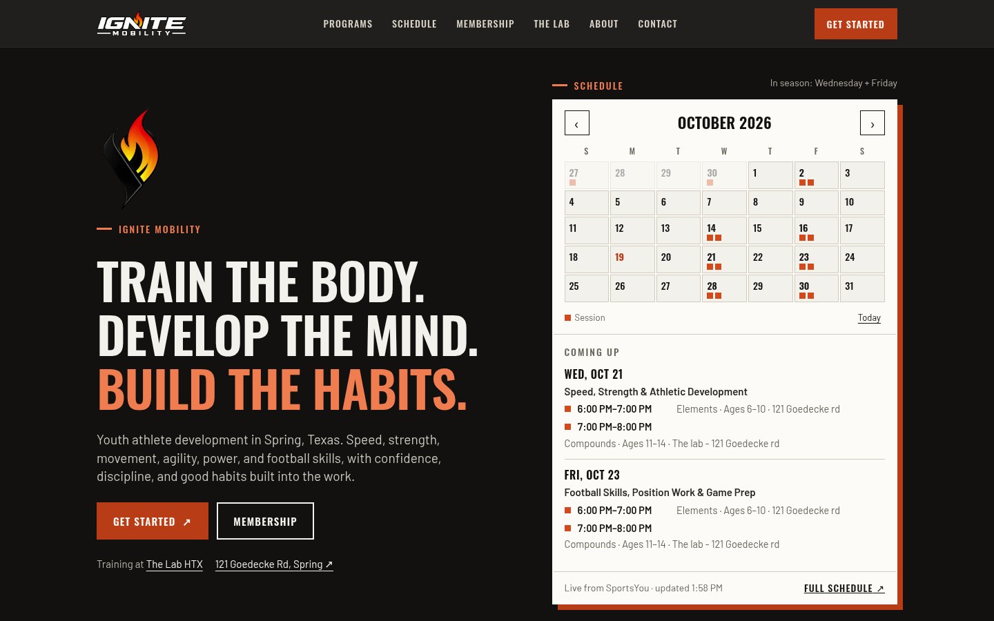 The Ignite Mobility homepage rebuilt by Lionstone: headline, Get Started button and training schedule