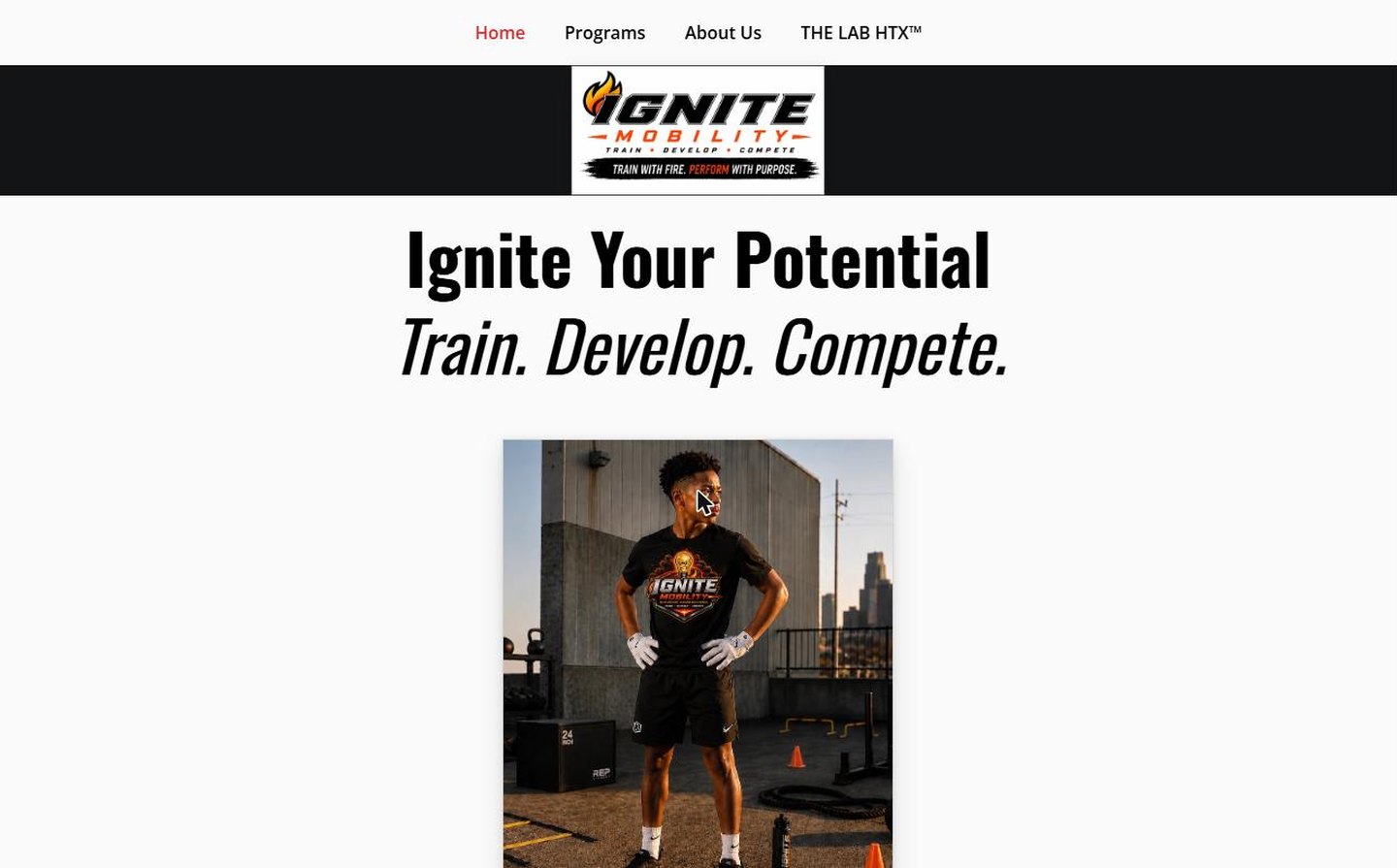 Before: the original Ignite Mobility homepage, with a centered logo, a large headline and a single photo